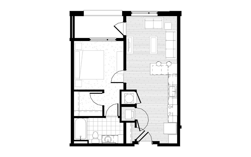 A6 - 1 bedroom floorplan layout with 1 bath and 655 square feet.